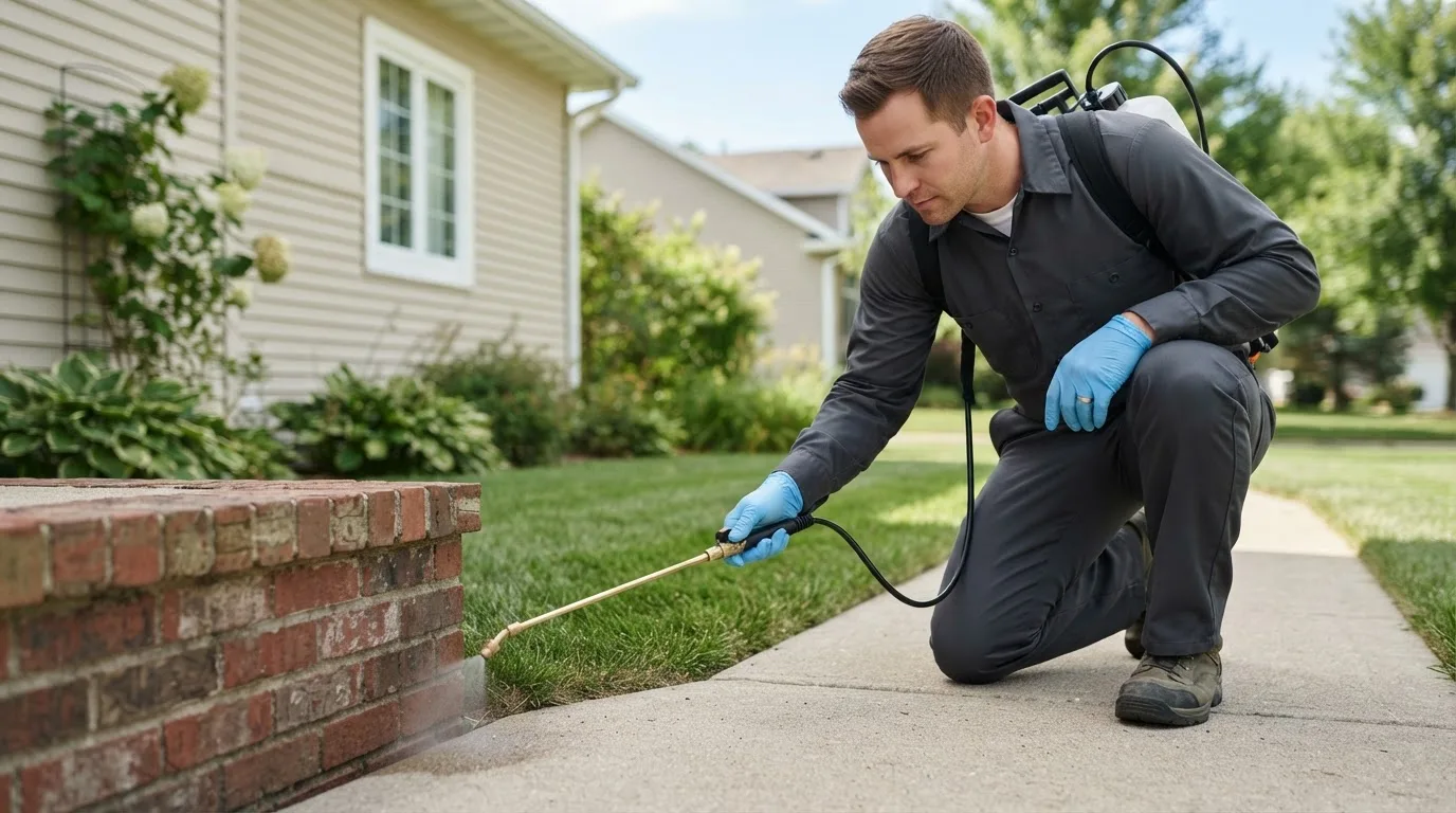 Pest control technician treating a home near Rougon, LA
